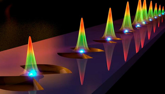 The plasmonic structure above resembles a bow tie and funnel, conducting light powerfully and indefinitely, as measured by a scanning near-field optical microscope. Courtesy of Ella Maru Studio.